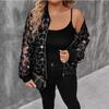 Women Sequined Mesh Patchwork Zipper Stand Collar Long Sleeve Sunscreen Jacket