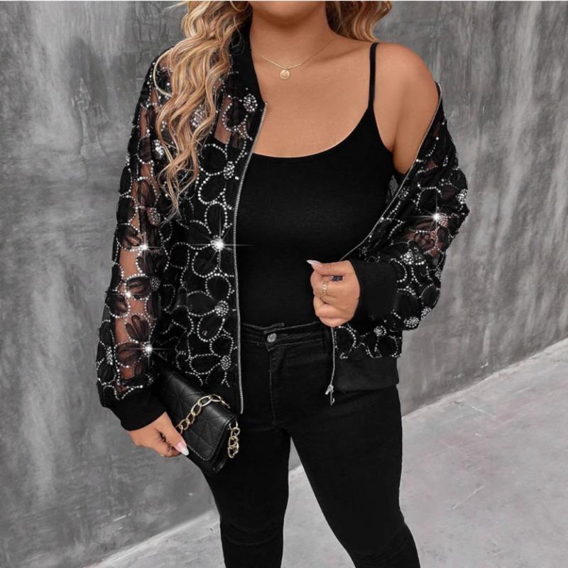 Women Sequined Mesh Patchwork Zipper Stand Collar Long Sleeve Sunscreen Jacket