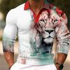Polo a maniche lunghe con stampa artistica di leone, abbigliamento casual trendy da uomo.