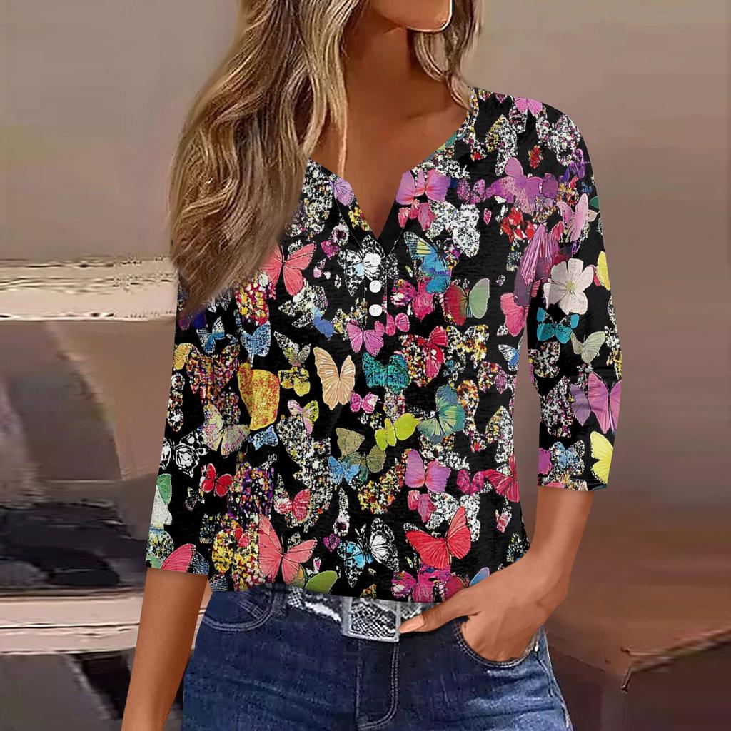 Women's T Shirt Tee Print Button  3/4 SleeveDaily Weekend Fashion Basic V- Neck Regular Top