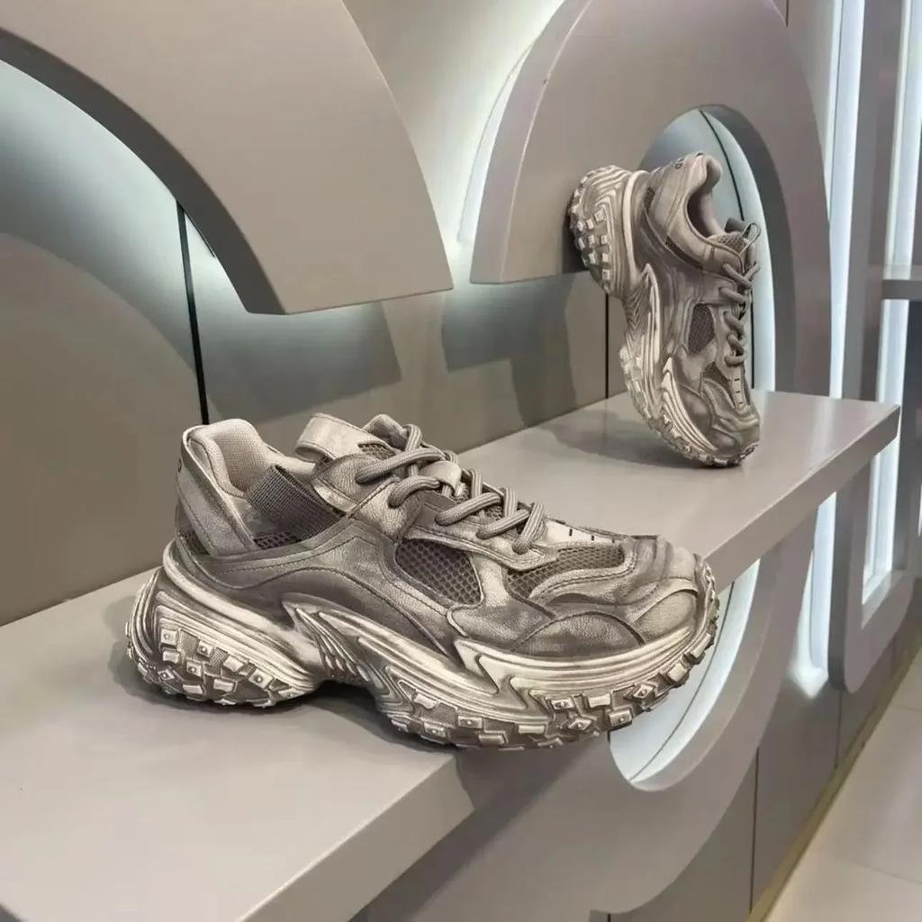 Chunky Sneakers Men Designer Tire Bottom Sport Shoes Fashion Casual Leather Mesh Breathable Height Increased Flat Platform Shoes