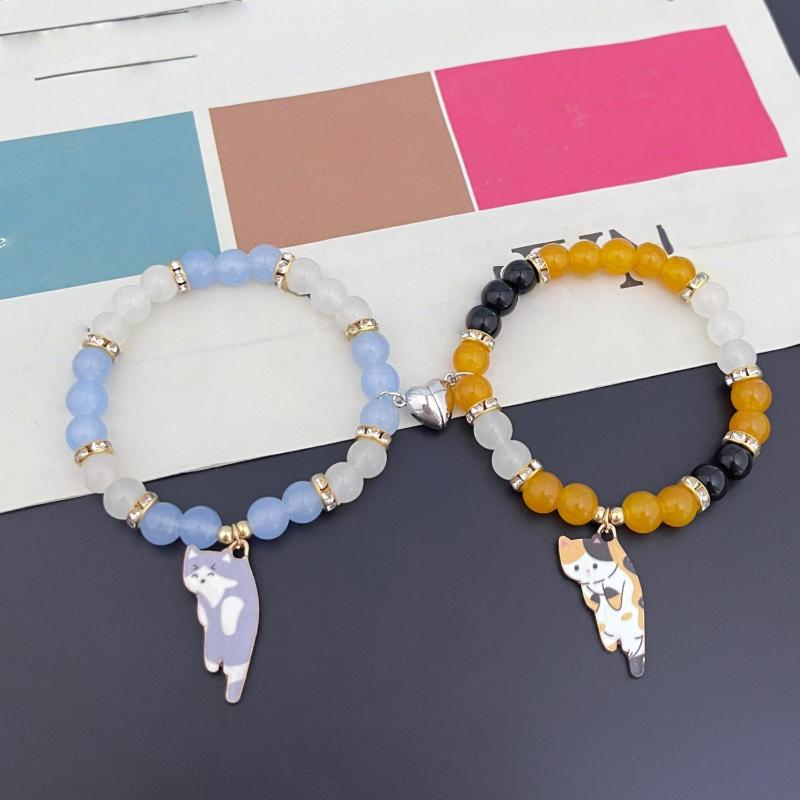2Pcs Cute Cat Pendant Jewelry Matching Magnetic Couple Bracelets For Lovers Natural Stone Beaded Bangles Valentine Gift