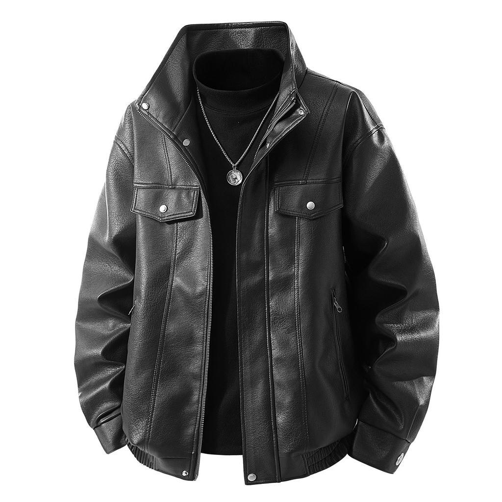 American retro PU leather jacket men's winter loose trendy brand thick large size jacket top men's autumn and winter coat