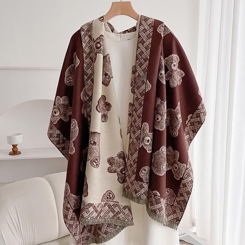 Cute bear gray scarf women's winter warm versatile imitation cashmere high-end scarf student thickened shawl