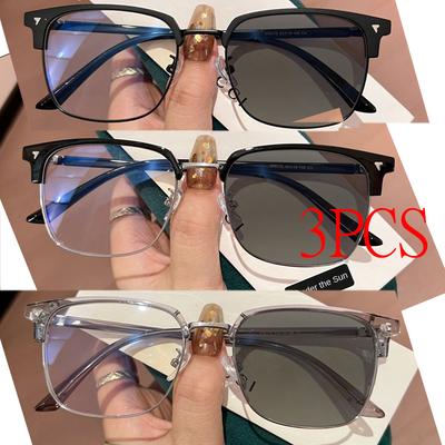 3PCS Photochromic Anti Blue Light Glasses Square Metal Frame Computer Eyewear for Women Men Replaceable Lens