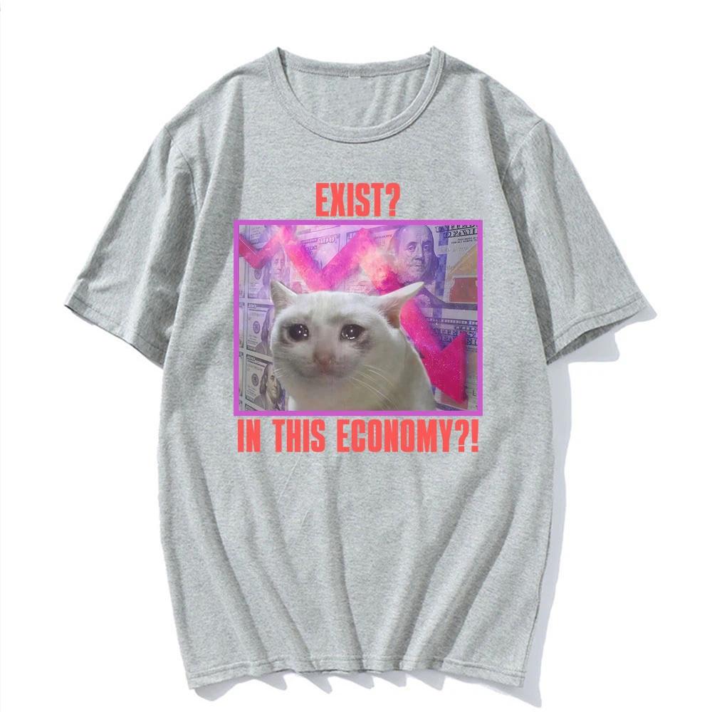 

Exist In This Economy Cat Print Tshirts Summer Fashion Funny Meme Casual for Women Oversize Crew Short Sleeve Tops Tshirts S
