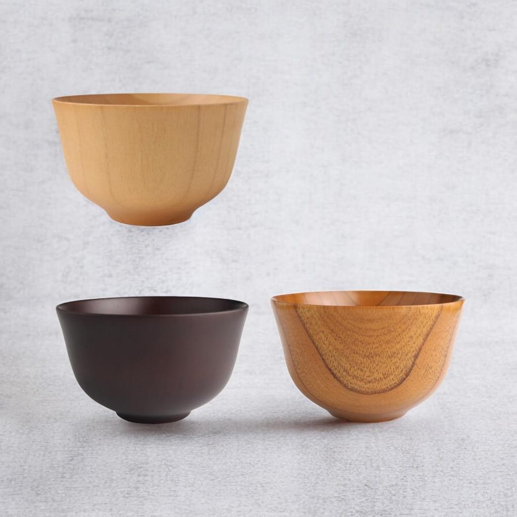J-kitchens Miso Soup Bowls, Modern Wooden, Haban Pattern, Natural, Lacquer, and Dark Brown, Set of 3, 11.5cm x 6.6cm, Current Model