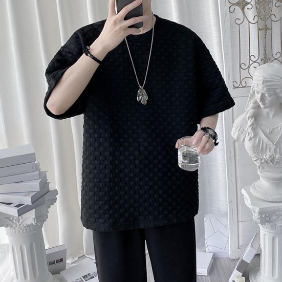 O-Neck Short Sleeve 3D Waffle Men T-shirt Summer Solid Color Simple Tee Shirt Streetwear