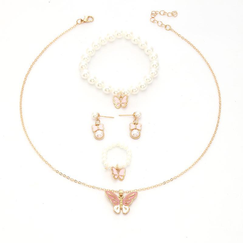 Charming Pearl Butterfly Jewelry Set: Necklace, Earrings, Ring & Bracelet