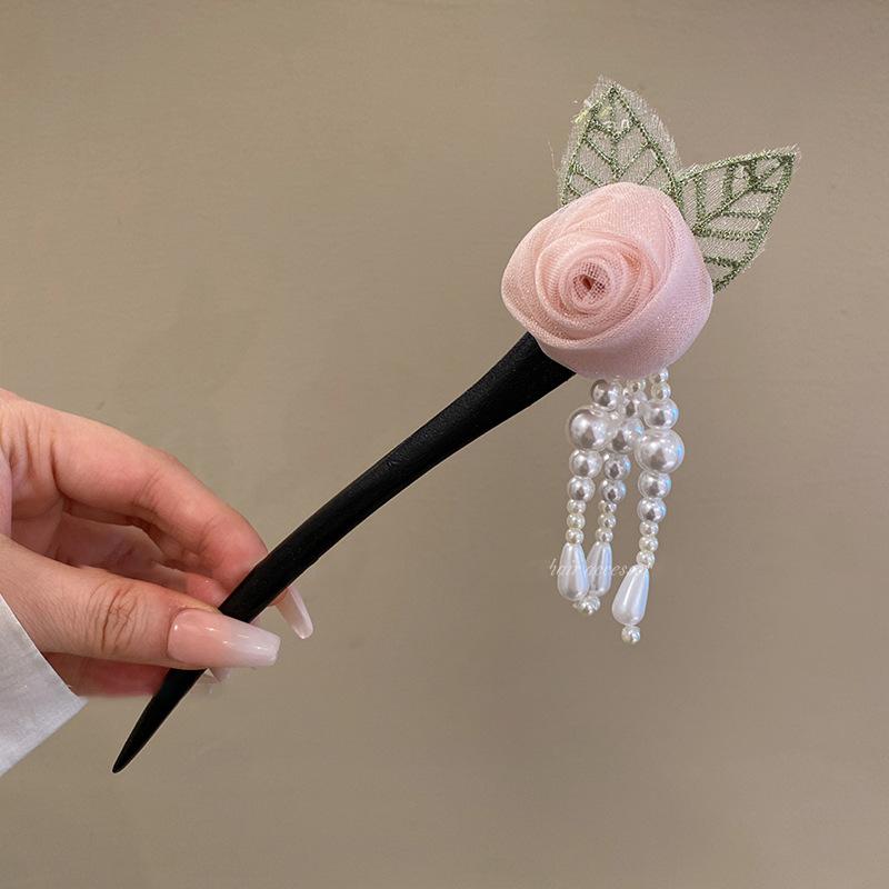 

Деревянная заколка для волос с кисточкой в виде розы, милая нишевая, в китайском стиле, модная, простая, в стиле для девочек, головной убор для женщин