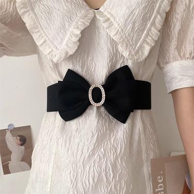 French High-end Diamond Bow Belt with Skirt Fashionable Sweet Black Wide Elastic Waist Seal for Women