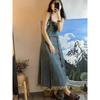 Vintage Casual Camisole Denim Dress for Women Elegant Sleeveless A-line High Waist Drawstring Belt Dresses Korean Style