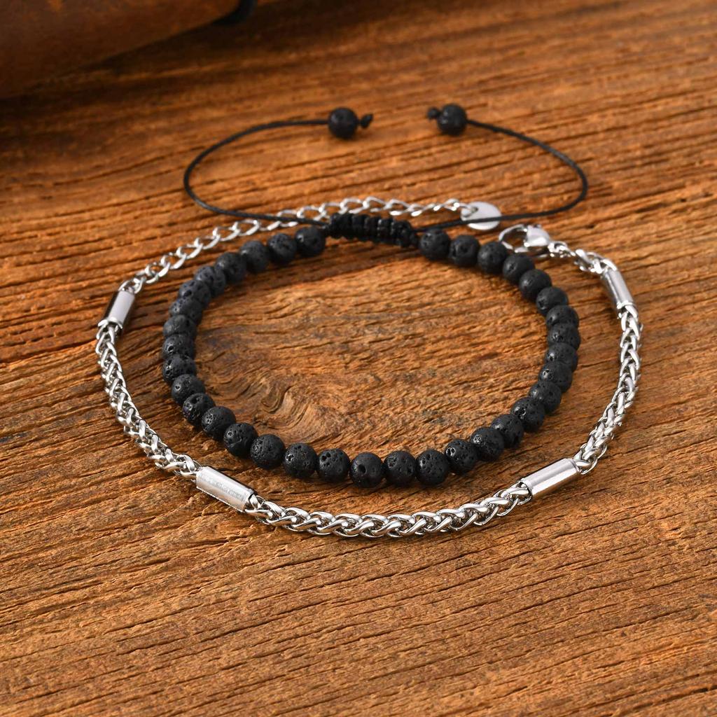 Vnox 2pcs/Set Adjustable Natural Stone Beads Bracelet for Men, Stainless Steel Chain Bracelets and Beads Bracelet Jewelry Set