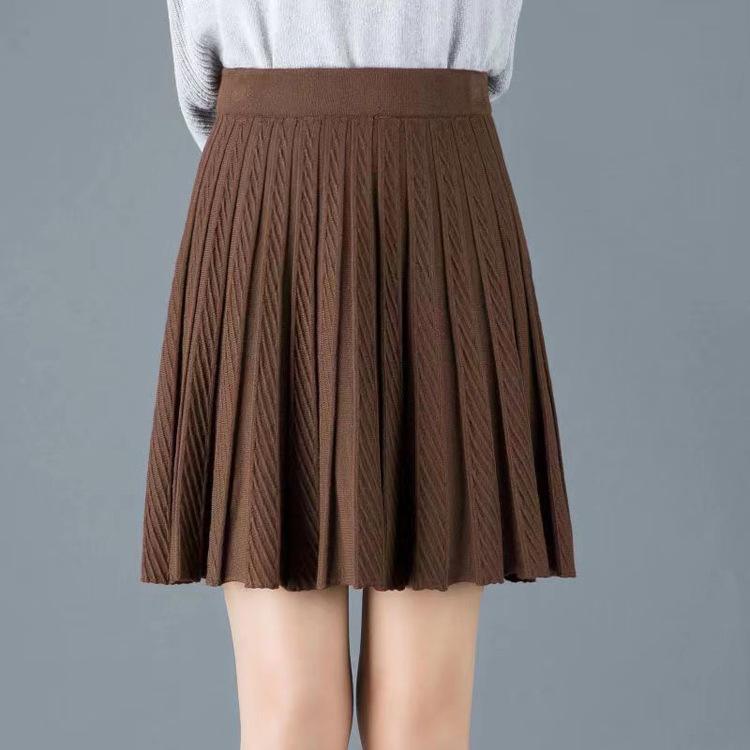 

Вязаная плиссированная мини-юбка с высокой талией для женщин, весна и осень, А-силуэт, вязаная мини-юбка 3XL темно-коричневого