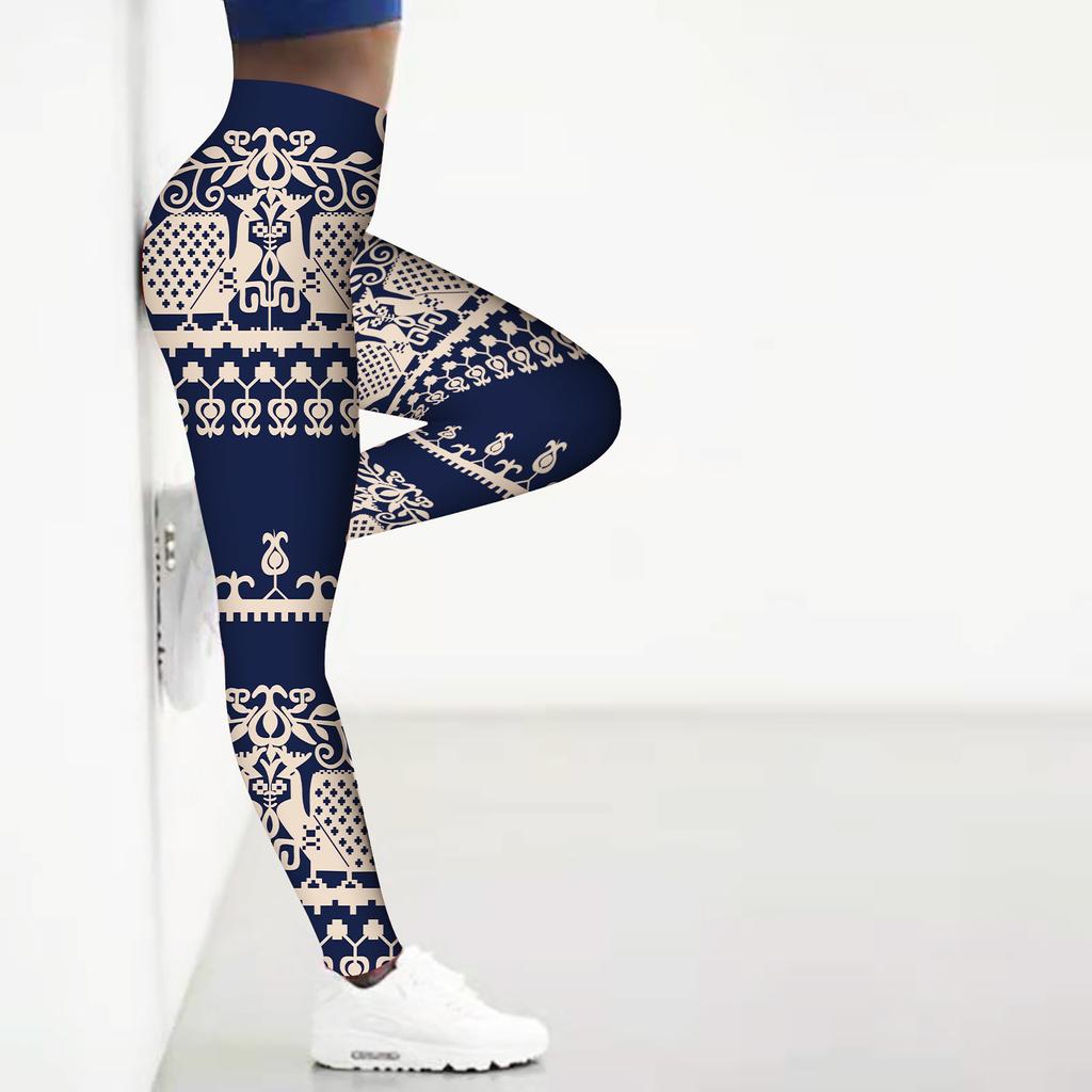 Damskie legginsy z nadrukiem w stylu retro Rozciągliwe legginsy do jogi Fitness Running Gym Sports Active Pants