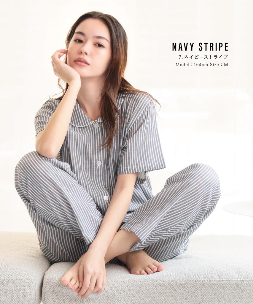 ON NISHIKI Summer Short Premium Combed Double Top and Bottom Long Loungewear Size Women's Pajamas, Sleeves, 100% Cotton, Yarn, Gauze, Skin-Friendly,