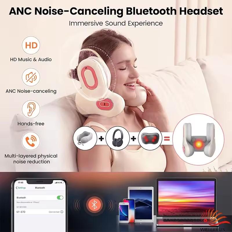 3-in-1 Nackenkissen für Reisen, Bluetooth-Kopfhörer mit Geräuschunterdrückung, Nackenmassagegerät und Heizfunktion, U-förmig, Memory-Schaum, Flugzeugkissen
