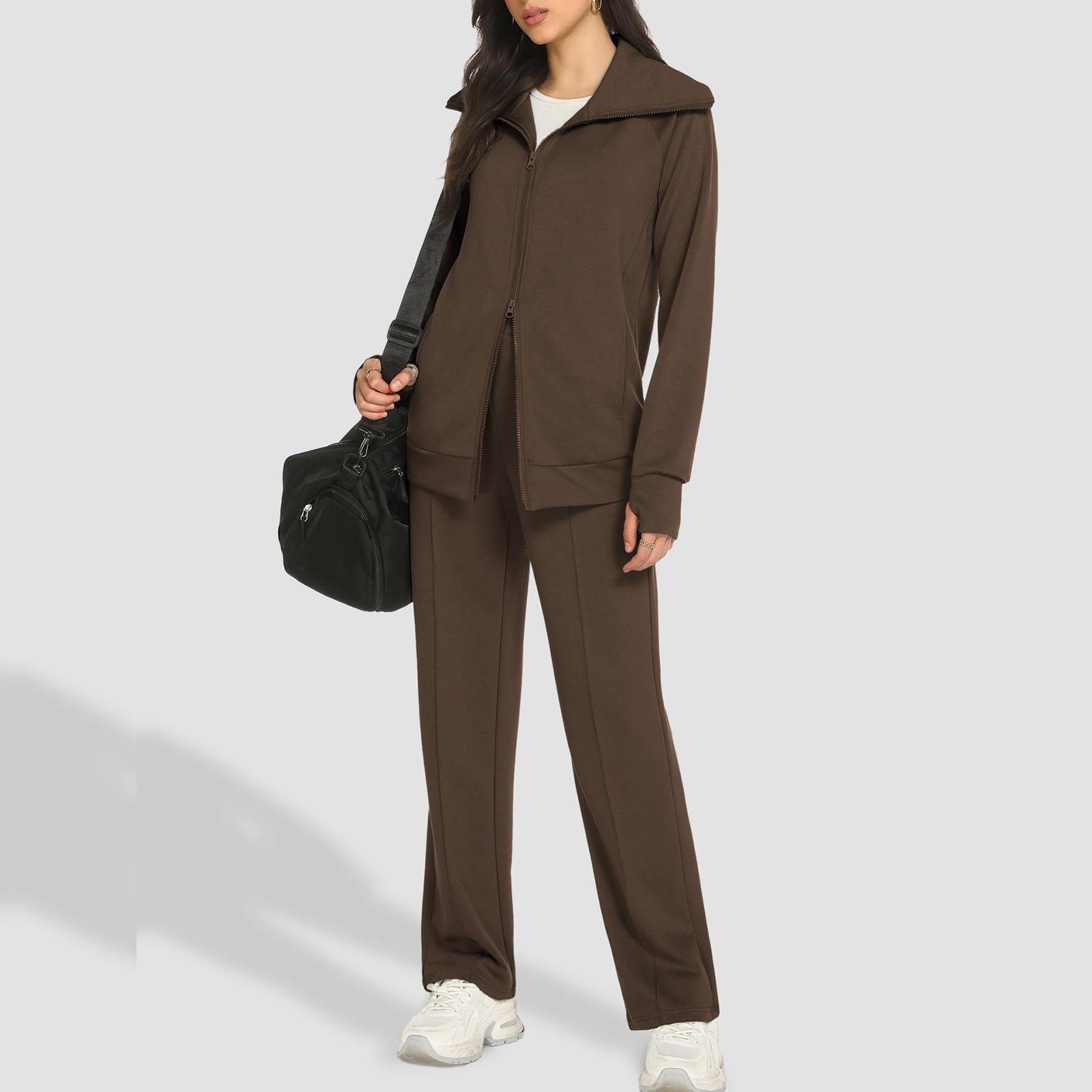 

Женская мода V-образный вырез однотонный длинный рукав двойная молния лацкан куртка широкие брюки толстовка длинные брюки комплект L кофейный