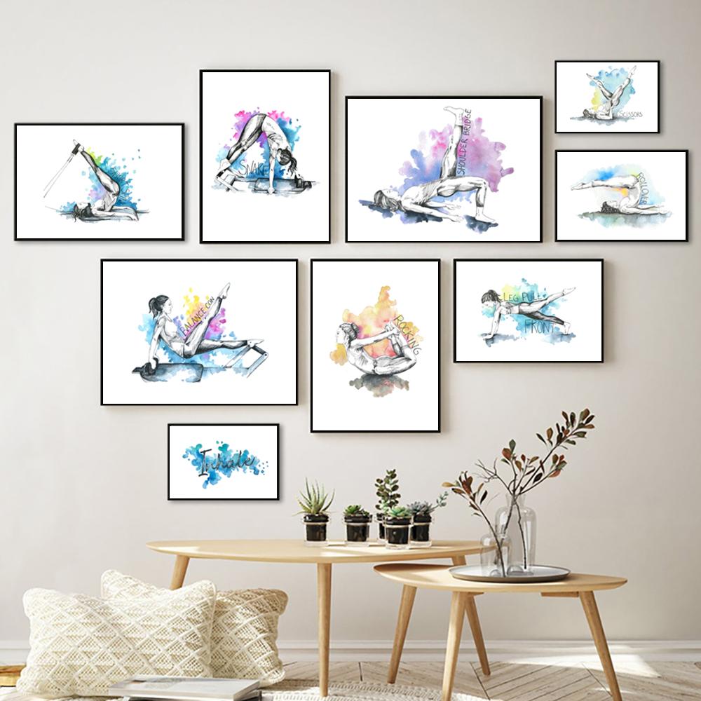 Pilates Yoga Workout Chart Art Prints Watercolor Posters Exercise Woman Canvas Painting Fitness Gym Wall Pictures Decor