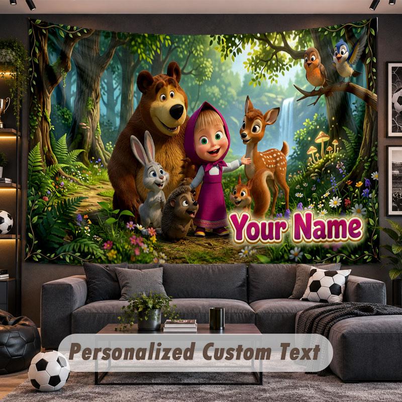 Wall Hanging Tapestry Custom NameMasha and the Bear Pattern Personalized Printed Fabric Wall Decor