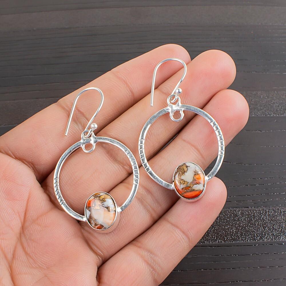 Orange Copper Turquoise Gemstone 925 Sterling Silver Jewelry Hook Earrings 1.37" EE-67-20
