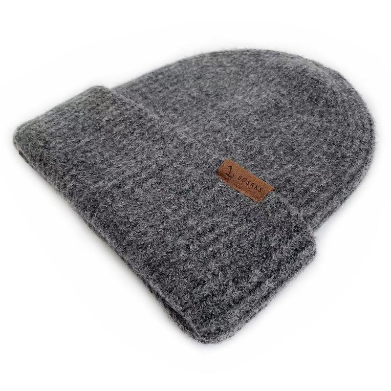 Korean Style Thick Knit Wool Hat for Men & Women - Windproof, Warm, Double Layered, Large Head, Autumn/Winter, Solid Color.