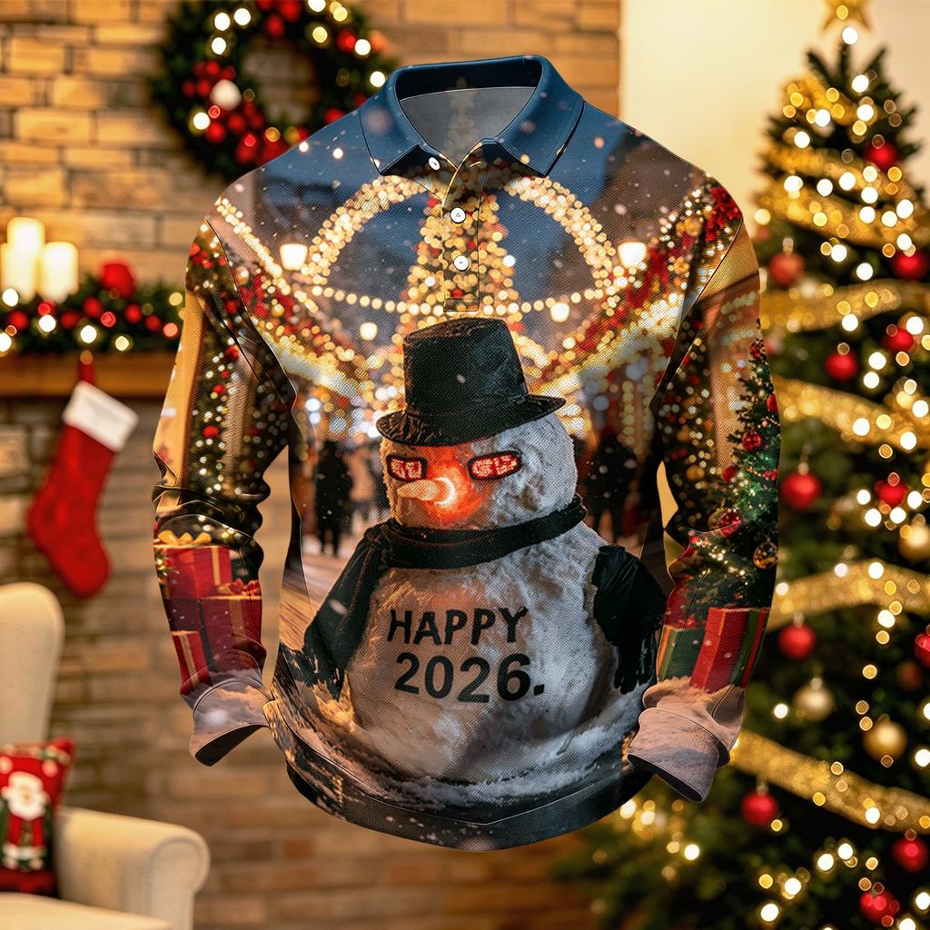 Men's Long Sleeve Golf Shirt Quick-Dry Mesh Casual Top with Christmas Print for Holiday Wear