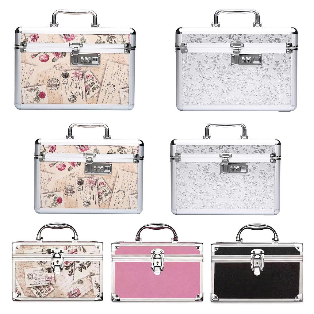Portable Makeup Bag with Mirror with Tray Cosmetic Storage Box Makeup Box