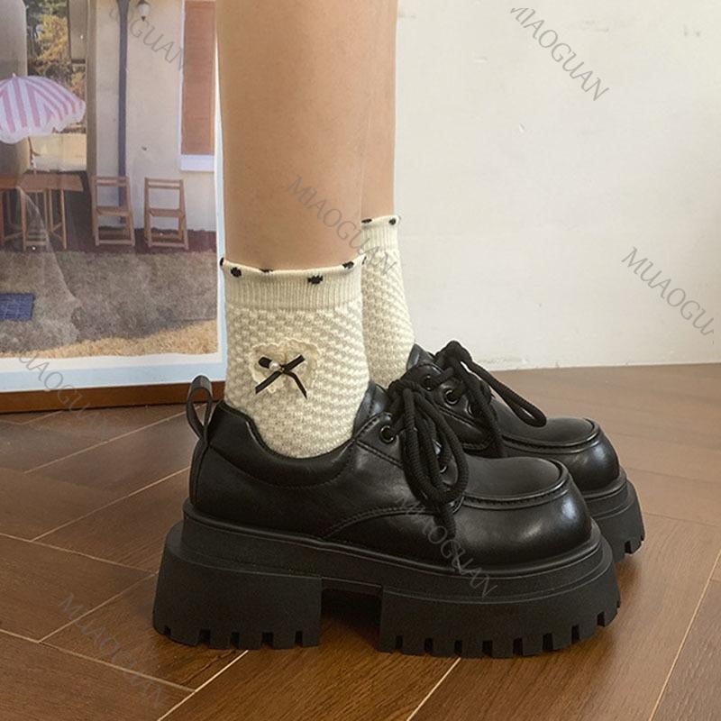Fashion Thick Bottom British Style Leather Women's Pumps Lace Up Thick Soled Loafers Retro High Heels Mary Janes Fashion Heeled Shoes