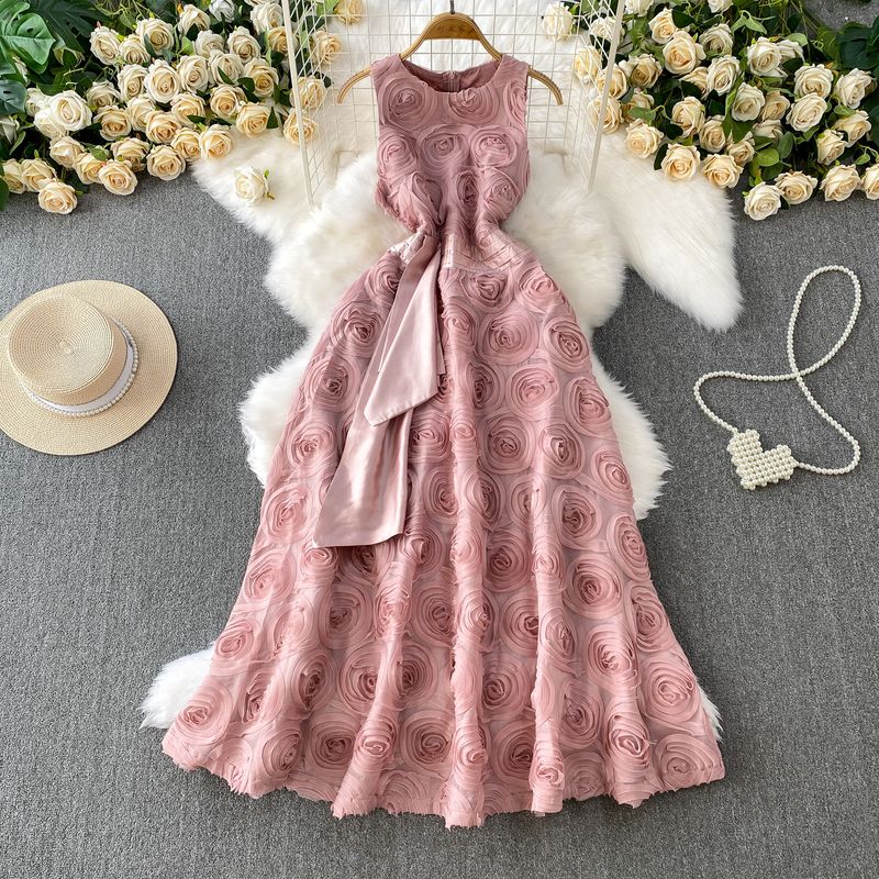 

High-End Temperament Three-Dimensional Flower round Neck Sleeveless Dress Women Summer High end Dinner Guest dresses Waist Hugging Slimming Pink 2XL