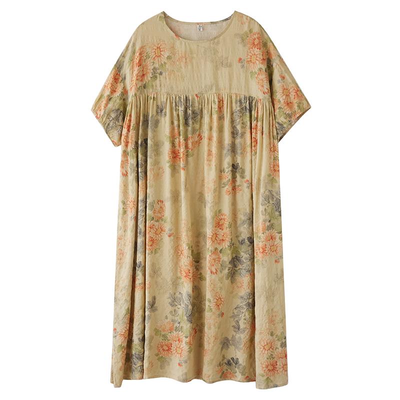 DIMANAF 2025 Summer Women Vintage Printing Plus Size Long Dress Short Sleeve Casual Basic Loose Dress