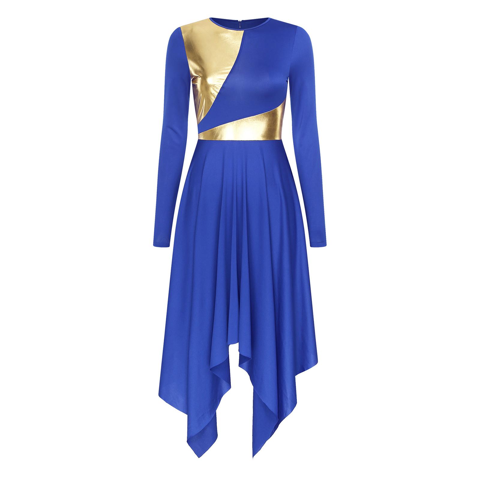 

Womens Worship Dance Dress Metallic Color Block Long Sleeve Irregular Hem Liturgical Performance Costume for Church S