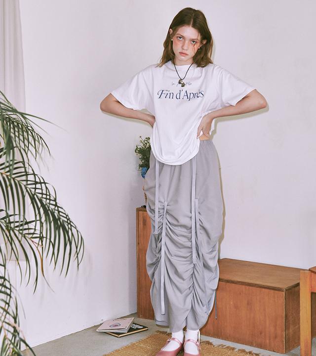Ronron Shirring Ribbon Long Skirt Light Gray