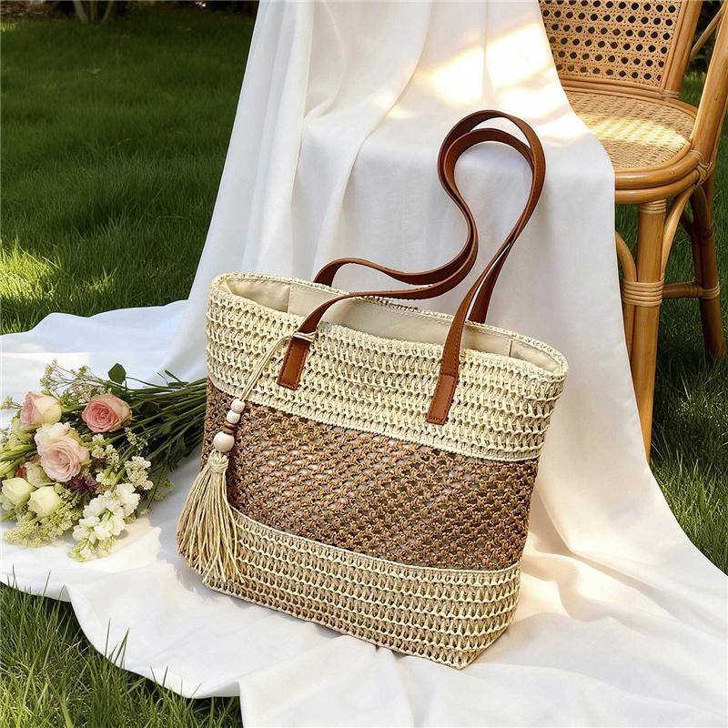 Geantă de plajă din paie țesută pentru femei, geantă de mână de vară, geantă de umăr din ratan natural, geantă stil casual de vacanță