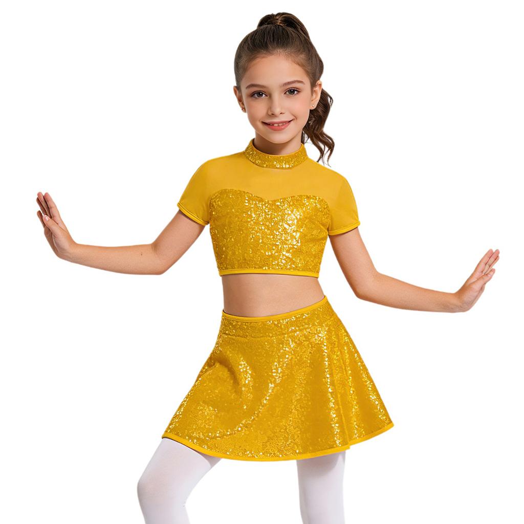 Set da Ballo per Bambina Top Corto e Gonna con Paillettes Lucide, Collo Alto, Maniche Corte, Patchwork in Rete, Schiena Scoperta