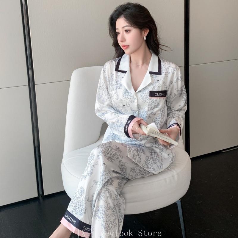 Pyjama Damen Frühling und Herbst Eis-Seide Langarm Dünn Hochwertig Rosa Rot Schwarz Elegant Frühling und Sommer Hauskleidung Anzug