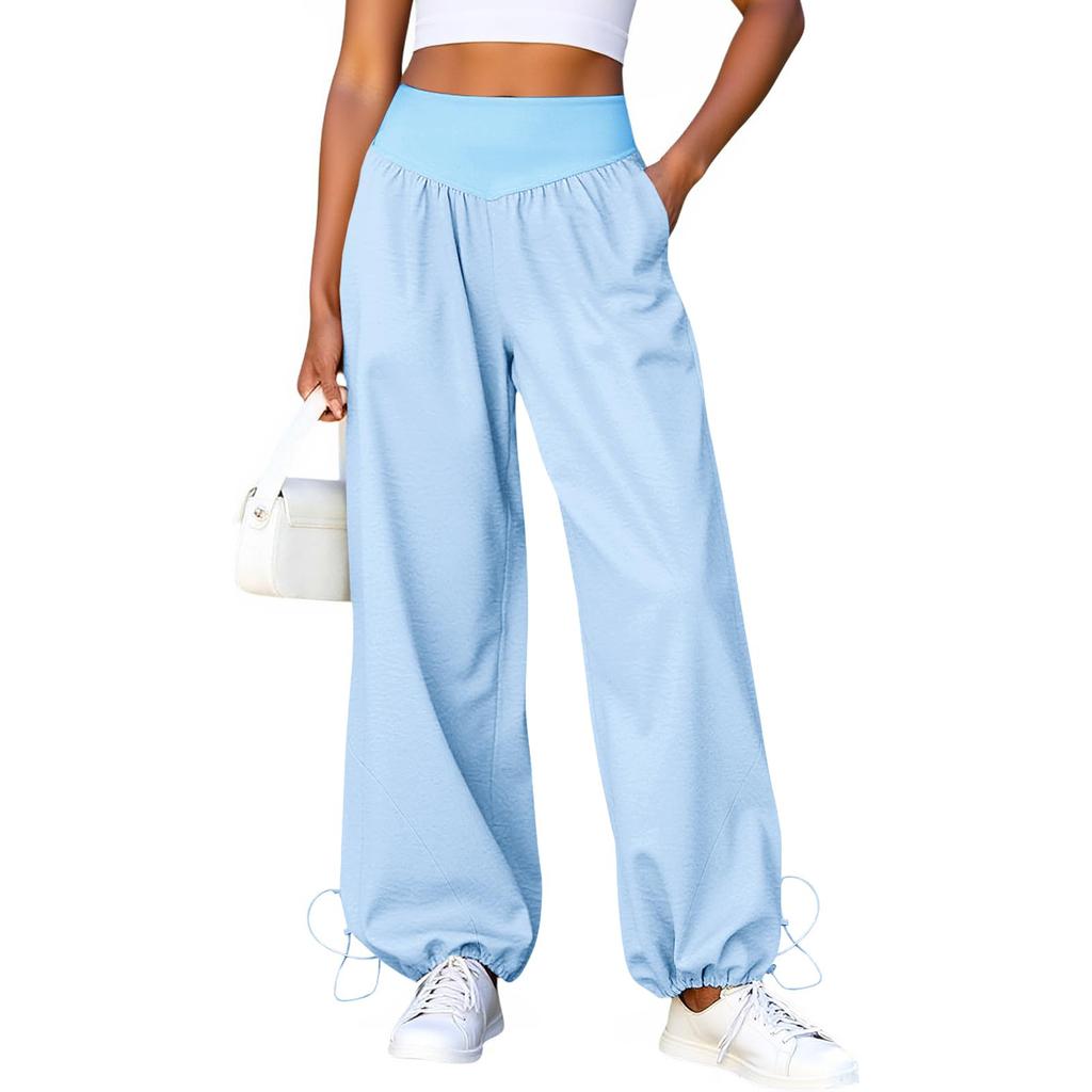 Pantaloni da Donna Elasticizzati a Vita Alta Vestibilità Casual Gamba Larga Lunghi Pantaloni con Tasche