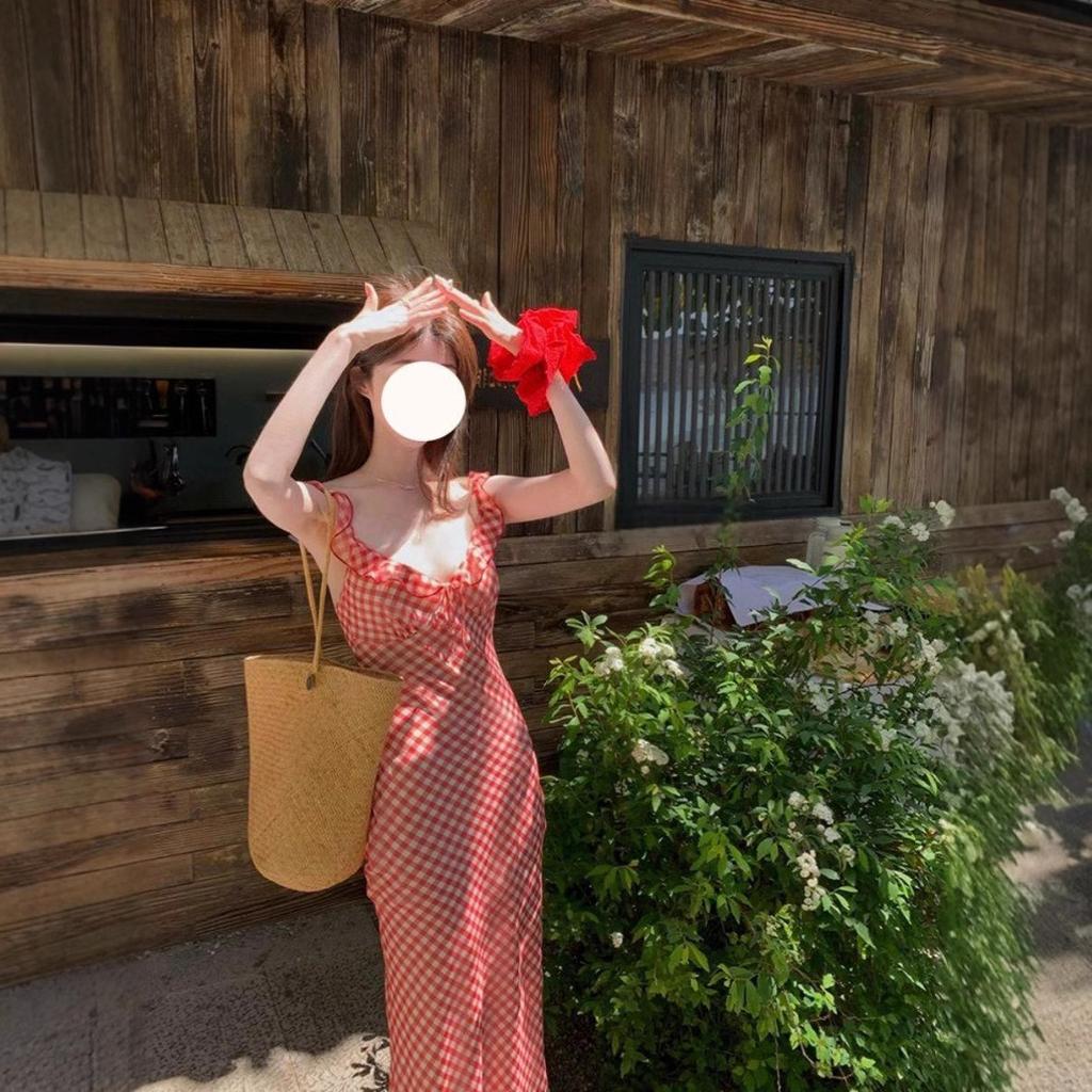 Ripe Cherry Red Plaid Suspender Fishtail Skirt Women's Spring and Summer New French Gentle Seaside Vacation Dress