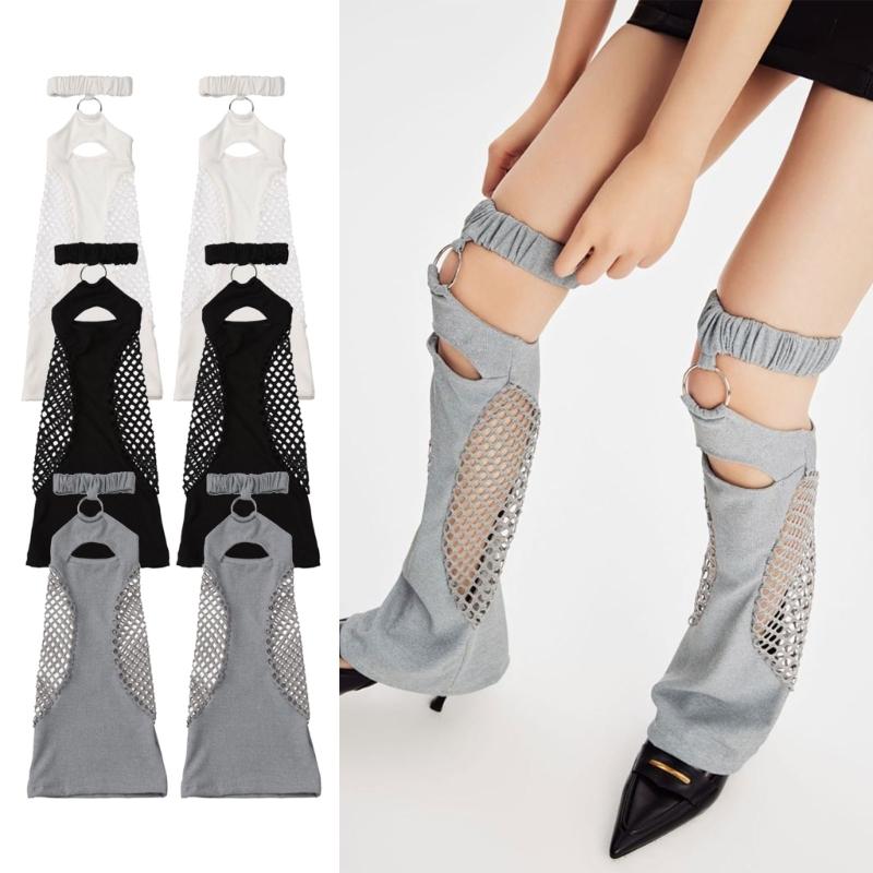 Women Harajuku Suspender Flared Leg Warmer Aesthetic Punk Garters Stockings Hollow Out Fishnet Leg Cover Streetwear