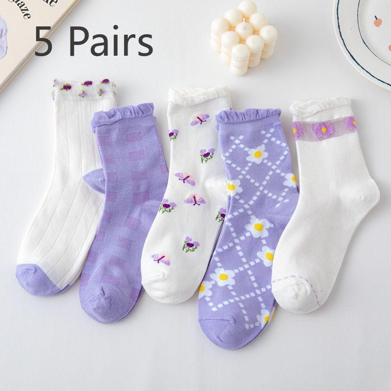 

5 пар женских гольфов до середины икры для весны и осени, длинные хлопковые носки для верхней одежды, длинные носки для осени и зимы, ретро махровые носки для женщин 5 pairs