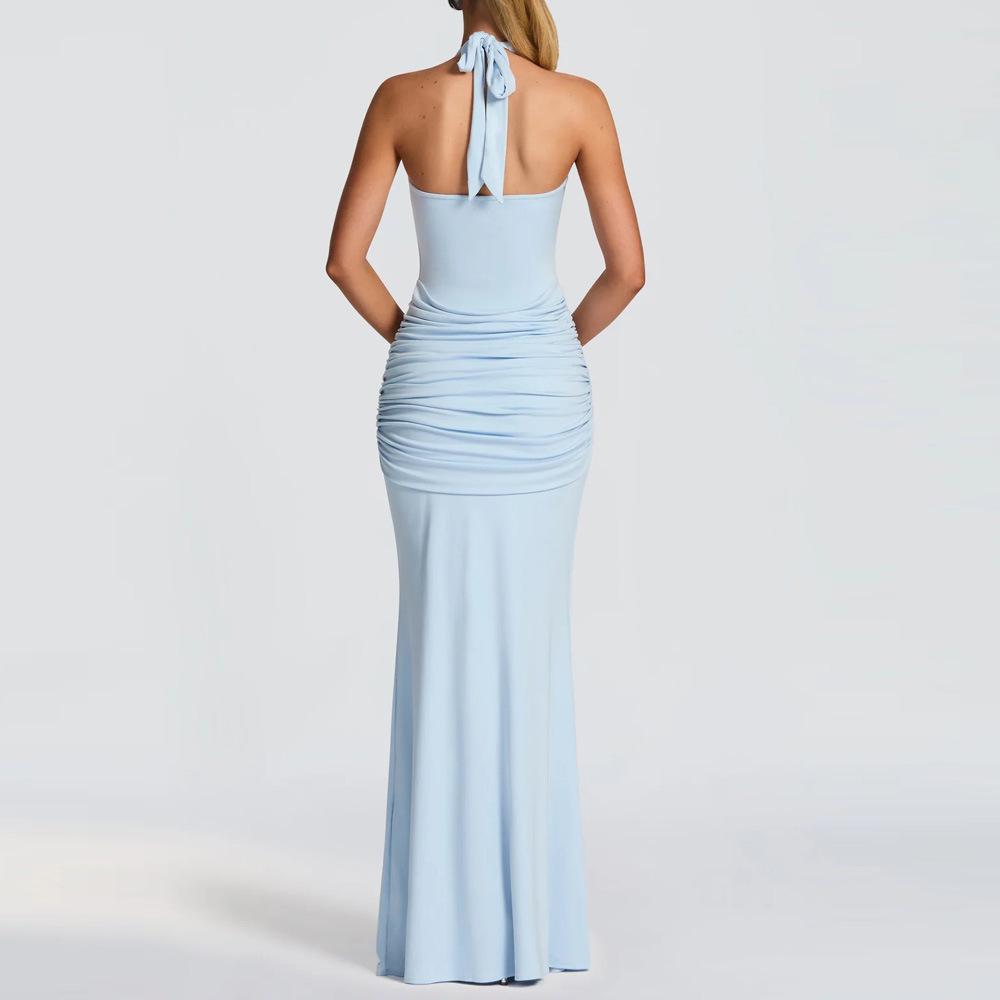 2026 European & American Spliced Ribbon Camisole Halterneck Slim Fit Long Dress