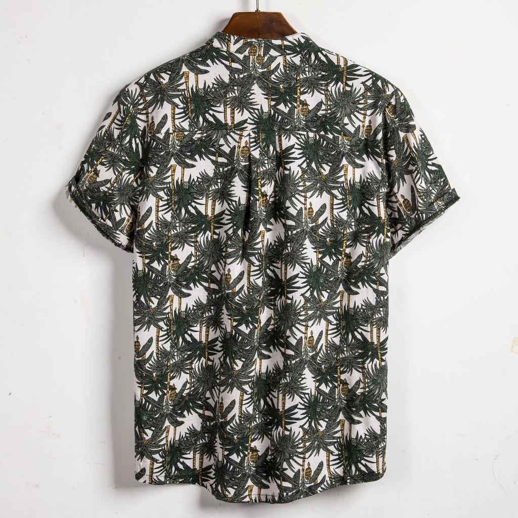 Camicia Casual Estiva da Spiaggia da Uomo con Stampa Foglie Tropicali, Collo Henley, Manica Corta