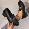Fashion Metal Chain Black Loafers Shoes for Women 2025 Spring Comfortable Chunky Heels Pumps Woman Black Pu Leather Slip On Dress Shoes