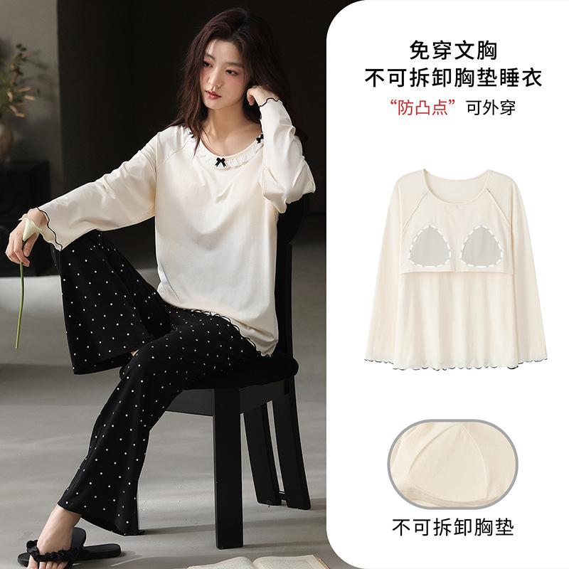 Pajamas Women's 1011 New Spring and Autumn High-end Pure Cotton with Chest Pads, Long Sleeves, Red Loungewear In Autumn