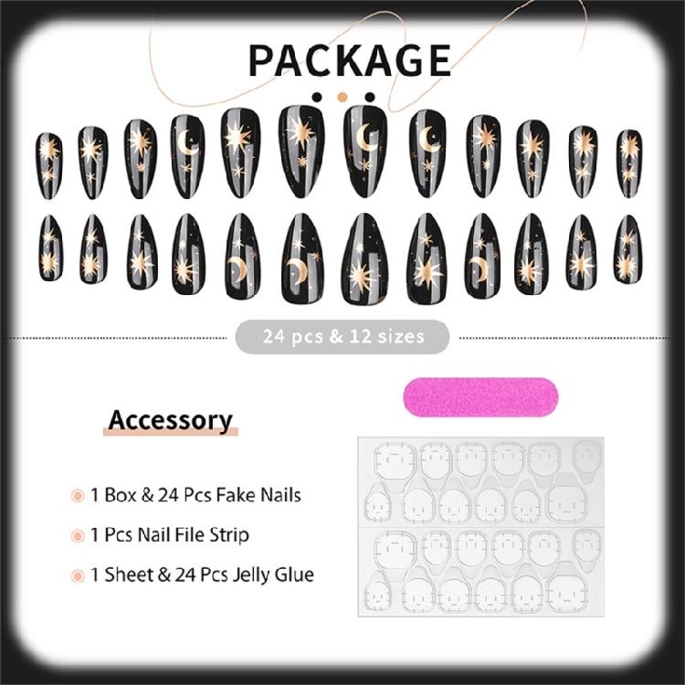 24pcs French Tip Press On Nail Almond Shape False Nail with Star Moon Designs Gothic Black Stick On Nail Gift for Women