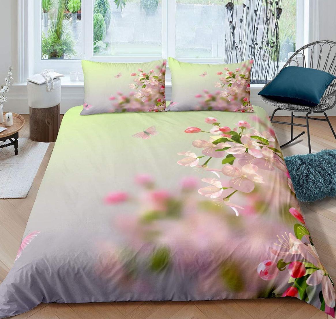 Comforter Spring Floral King Size Pink Cherry Blossom Bedding Set Japanese Floral Soft And Comfortable 3 Pcs Comforter (quilt)-EU Single(135*200cm)3pcs