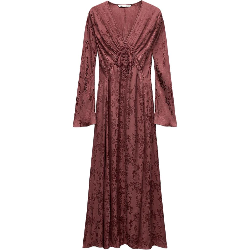 Zara Besticktes Jacquard-Midi-V-Ausschnitt-Langarmkleid Damenkleider Bordeaux 7521270-606