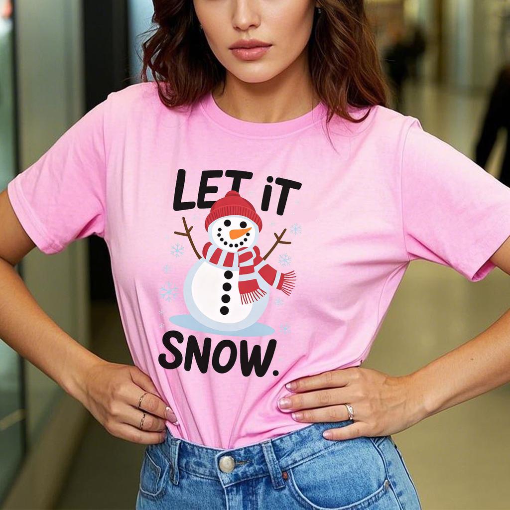Christmas snowUnisex cartoon printed Womens short sleeved holiday Tshirt with summer round neck suitable for daily versatility