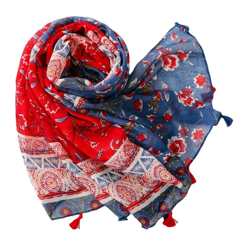 Red & Blue Ethnic Floral Cotton Scarf - Soft Bali Style Shawl for Women