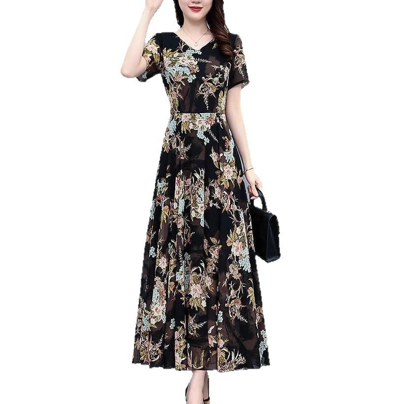 New summer fashion floral V-neck dress for women, elegant style, belly cover, waist and thin A-shaped long skirt